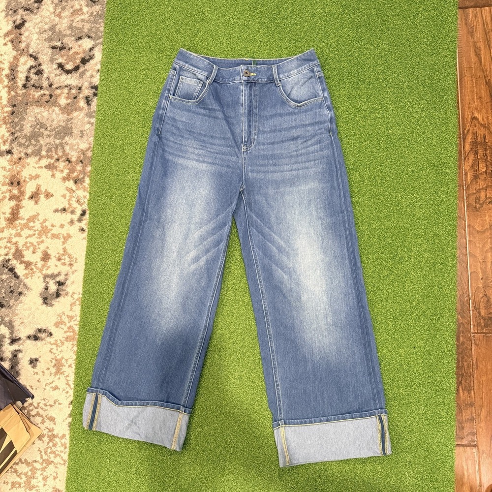 Halara Jeans Womens Medium Blue High Rise Wide Leg Cuffed Crop Stretch Denim